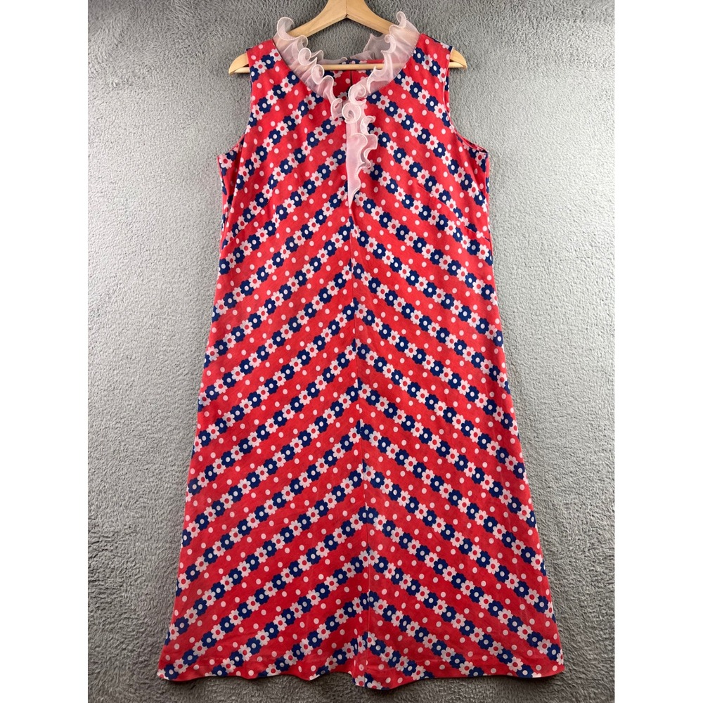Vintage Lane Bryant 70s Floral Polka Dot Ruffle Maxi Dress Pink White Blue Retro